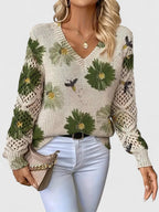 Liza | Women's Floral Knit V-Neck Cardigan with Lattice Sleeves