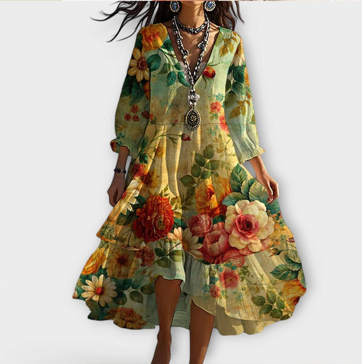 Michelle | Women's Floral Print V-Neck Midi Dress with Loose Fit