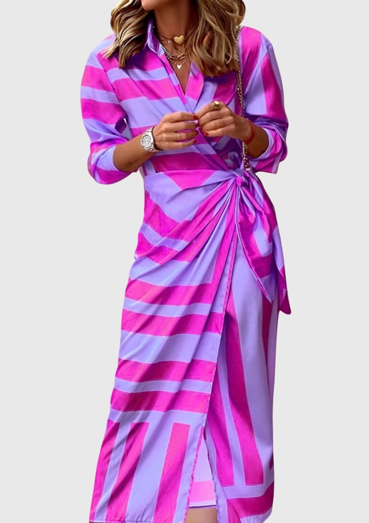 Everly | Women's Elegant Printed Wrap Dress With Collar and Adjustable Waist