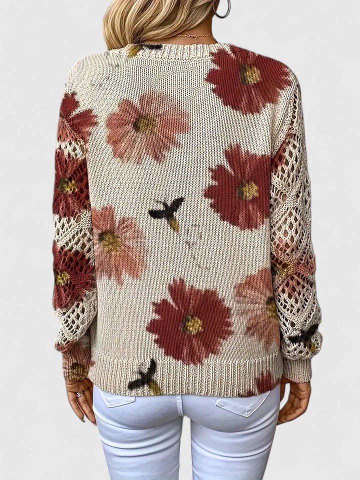 Liza | Women's Floral Knit V-Neck Cardigan with Lattice Sleeves
