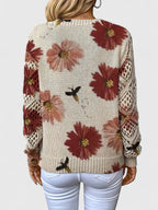 Liza | Women's Floral Knit V-Neck Cardigan with Lattice Sleeves