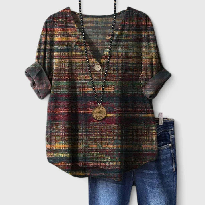 Chrystina | Women's V-Neck Three-Quarter Sleeve Printed Blouse with Buttons