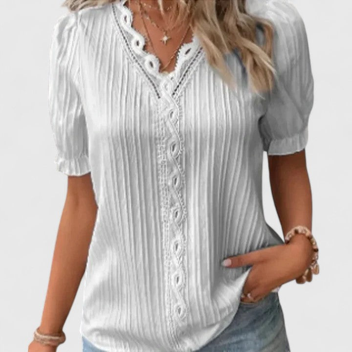 Avienne | Women's Relaxed-Fit V-Neck Blouse with Hollow Short Sleeves