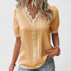 Avienne | Women's Relaxed-Fit V-Neck Blouse with Hollow Short Sleeves