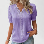 Avienne | Women's Relaxed-Fit V-Neck Blouse with Hollow Short Sleeves