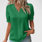 Avienne | Women's Relaxed-Fit V-Neck Blouse with Hollow Short Sleeves