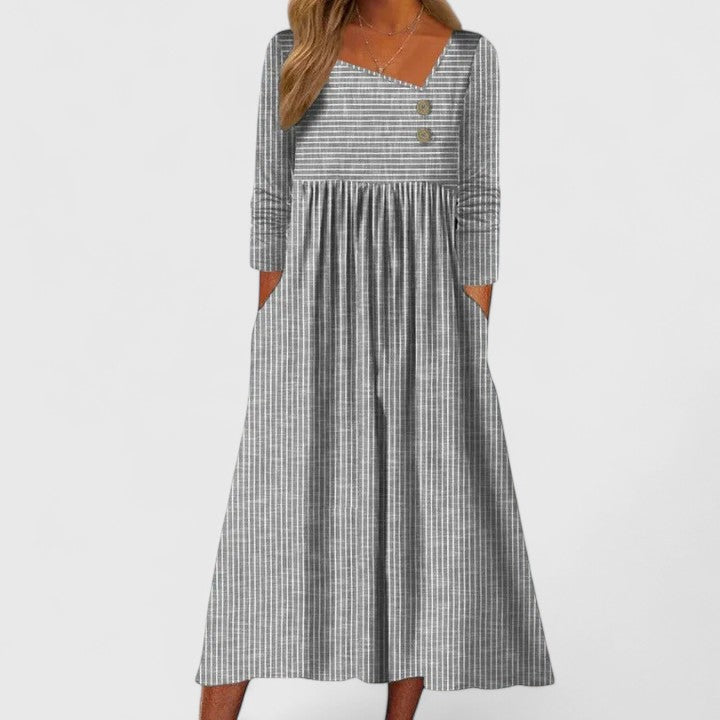 Cleomarie | Women's Elegant Midi Dress with Asymmetric Neckline and Buttons
