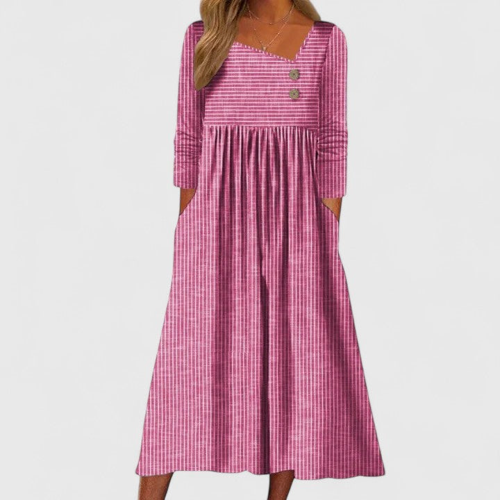 Cleomarie | Women's Elegant Midi Dress with Asymmetric Neckline and Buttons