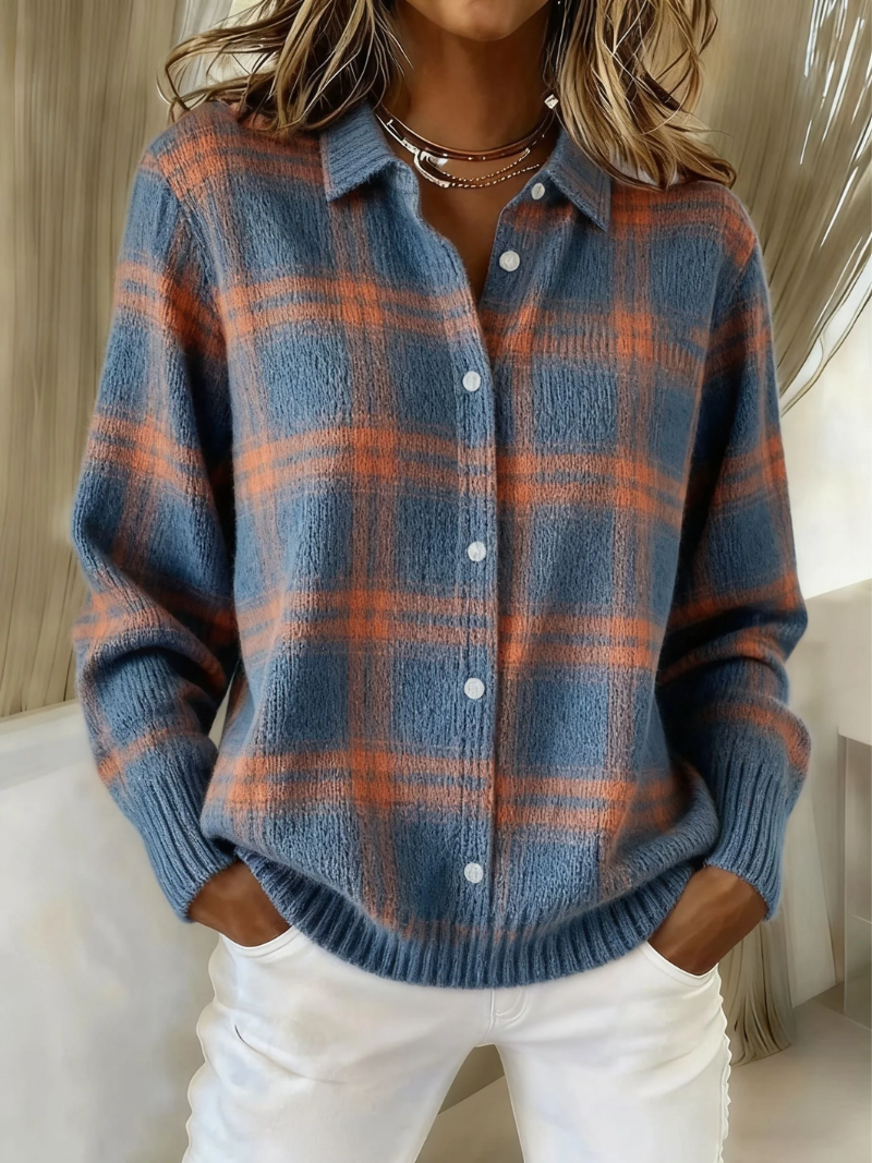 Mira | Women's Wool-Blend Check Knitted Blouse With Classic Collar