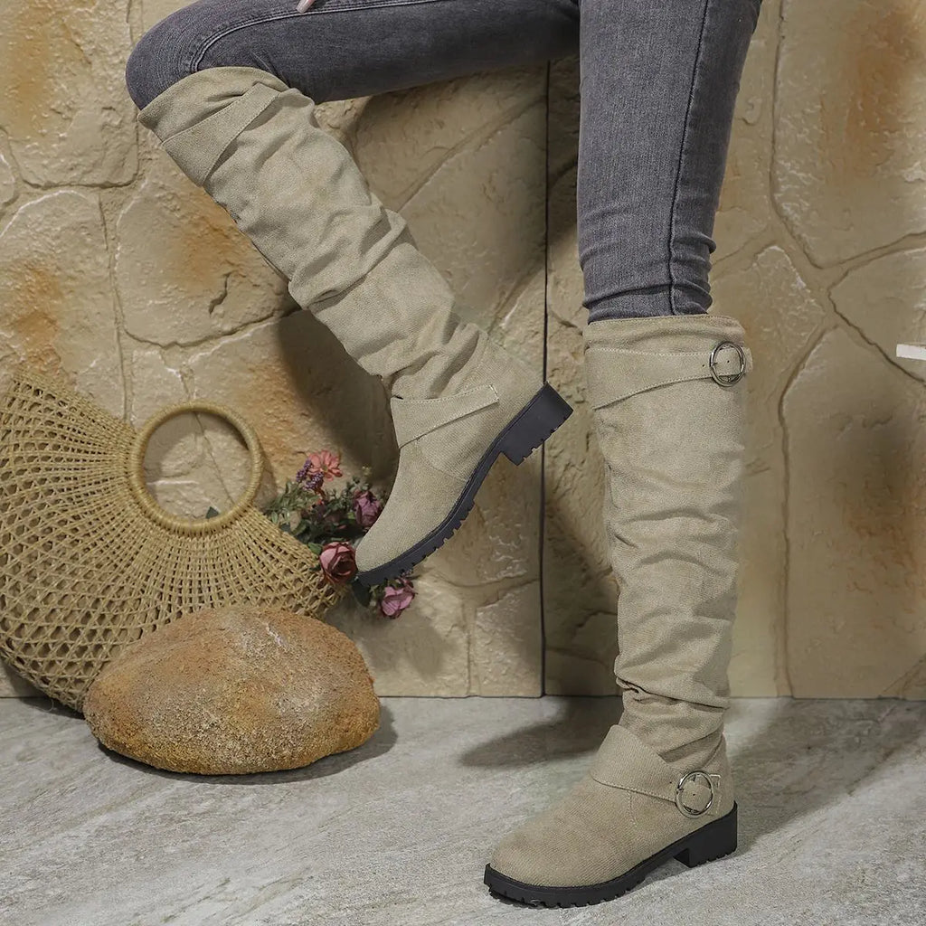 Alicia | Women's Slouchy Knee-High Boots With Buckle Details and Block Sole