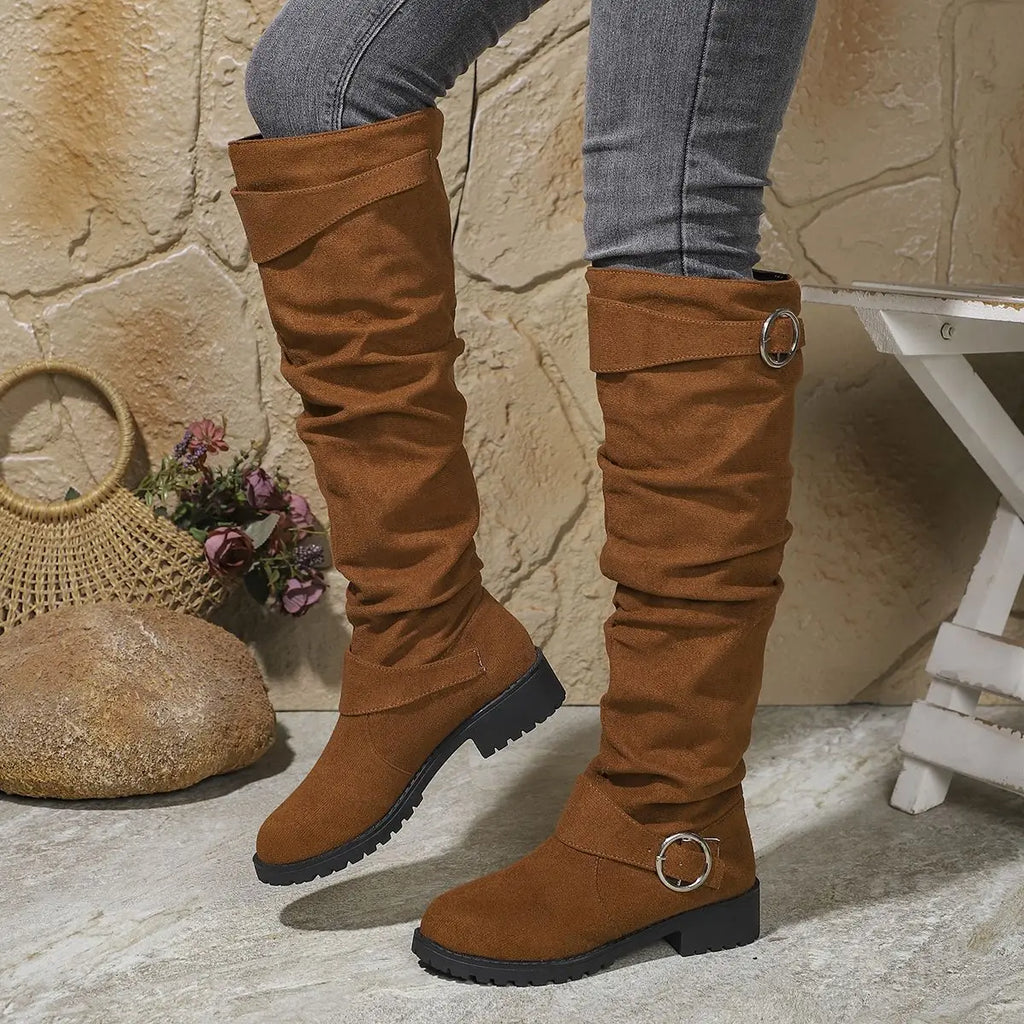 Alicia | Women's Slouchy Knee-High Boots With Buckle Details and Block Sole