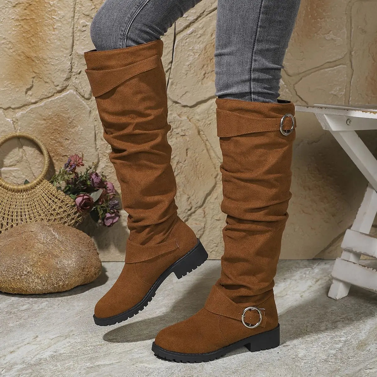 Alicia | Women's Slouchy Knee-High Boots With Buckle Details and Block Sole