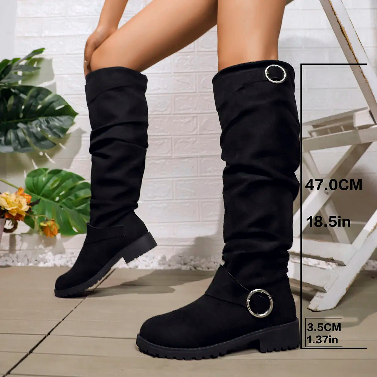Alicia | Women's Slouchy Knee-High Boots With Buckle Details and Block Sole