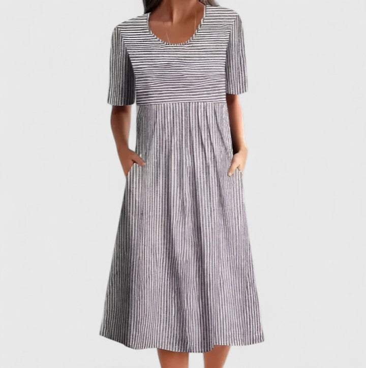 Felyzette | Women's Comfortable Striped Midi Dress with Wooden Buttons