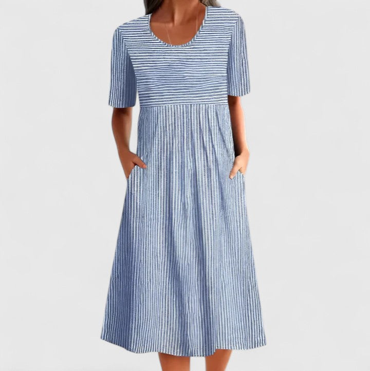 Felyzette | Women's Comfortable Striped Midi Dress with Wooden Buttons