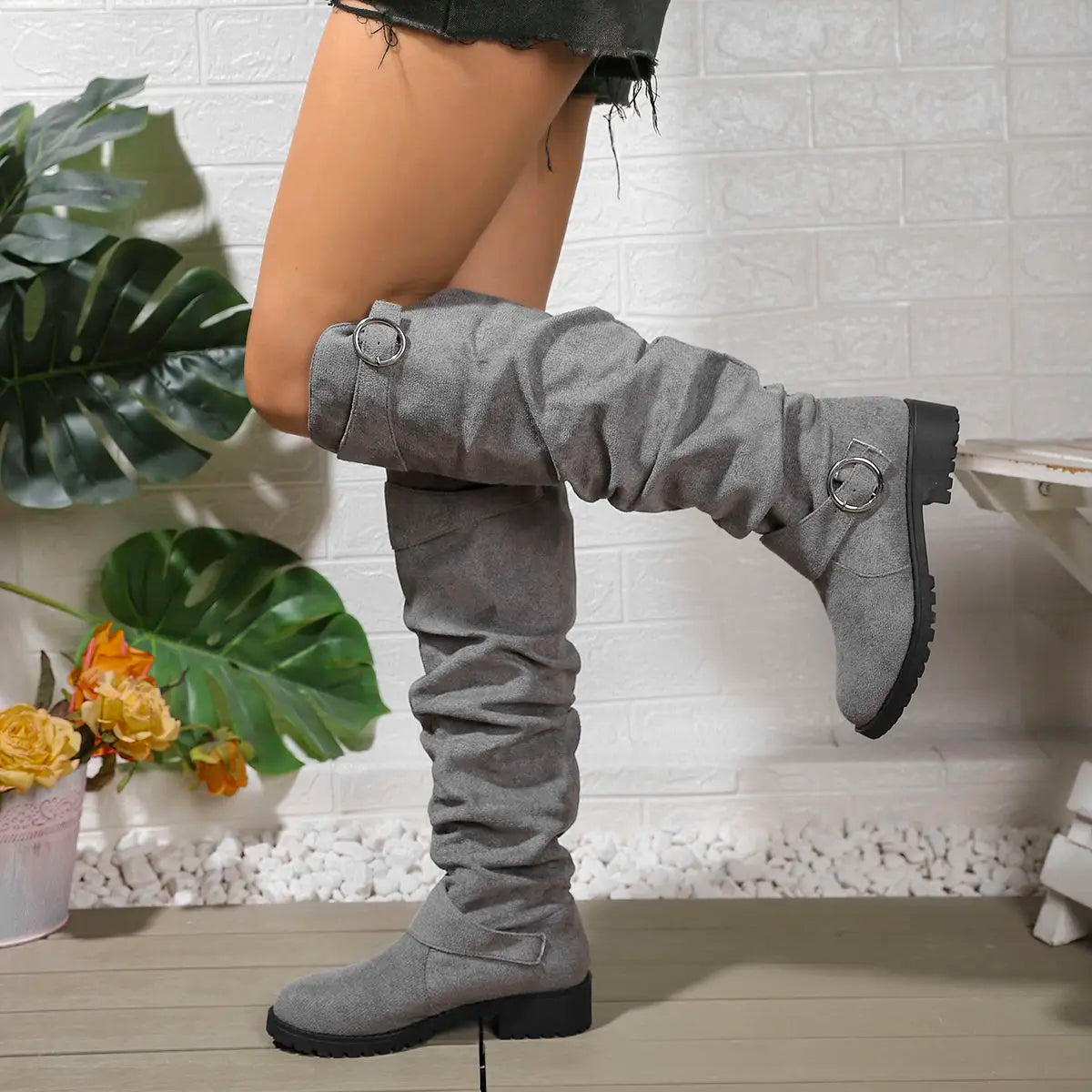 Alicia | Women's Slouchy Knee-High Boots With Buckle Details and Block Sole