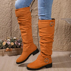 Alicia | Women's Slouchy Knee-High Boots With Buckle Details and Block Sole