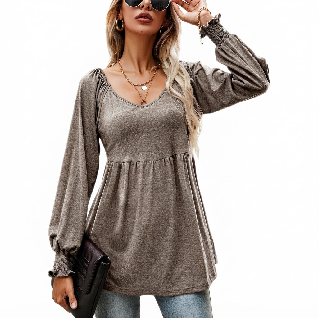 Eleanor | Women's Babydoll Empire-Waist Long-Sleeve V-Neck Tunic