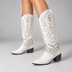 Victoria | Women's Studded Western Knee High Boots Block Heel Pointed Toe
