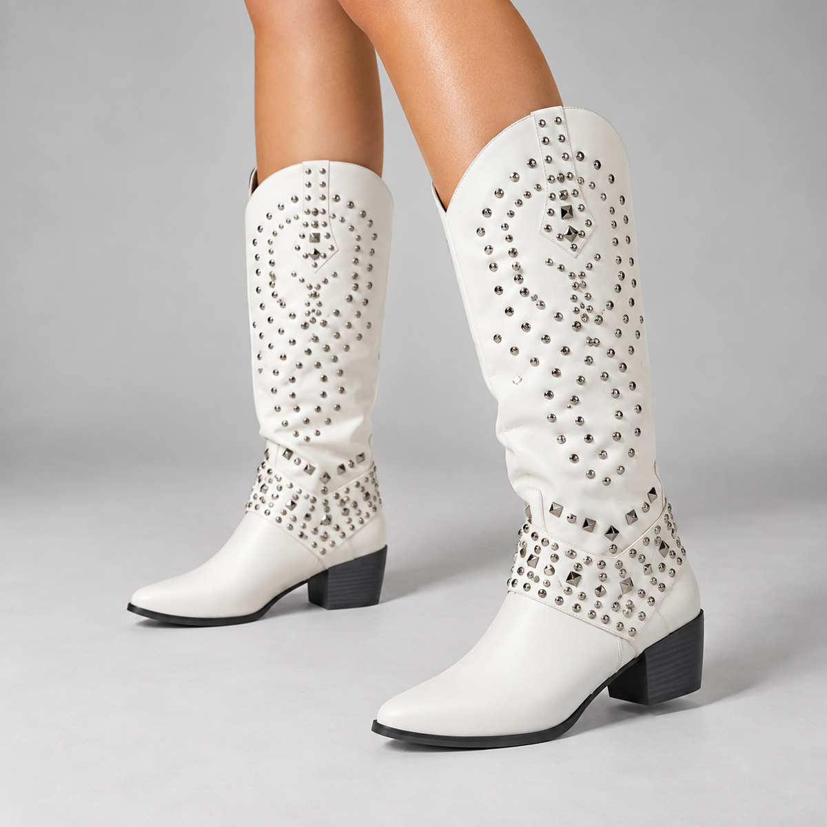 Victoria | Women's Studded Western Knee High Boots Block Heel Pointed Toe