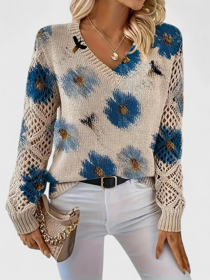Liza | Women's Floral Knit V-Neck Cardigan with Lattice Sleeves