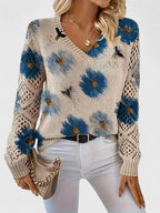 Liza | Women's Floral Knit V-Neck Cardigan with Lattice Sleeves