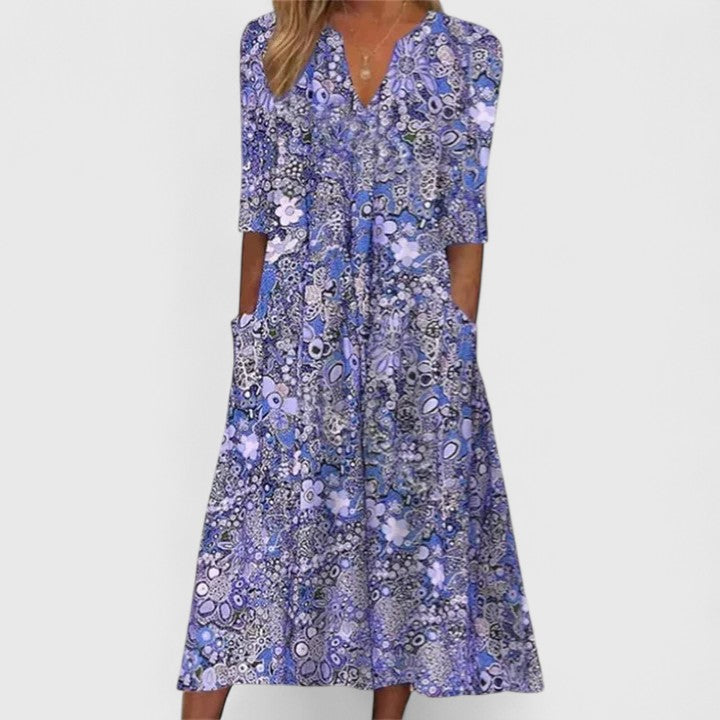 Queenie | Women's Elegant Floral Print Dress with Side Pockets and Loose Fit