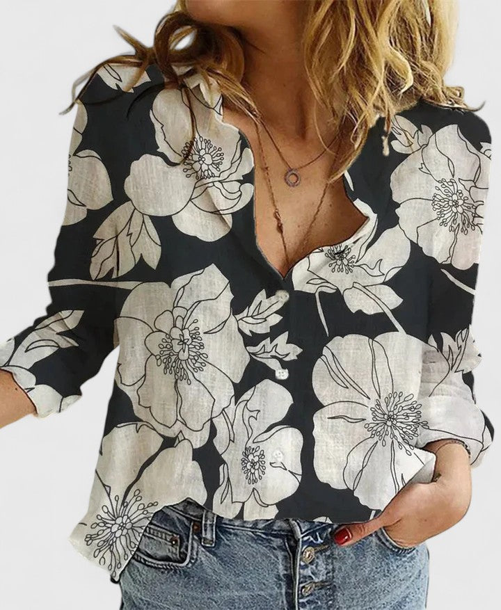 Elena | Women's Relaxed Cotton-Linen Button-Down Blouse with Lapel Collar