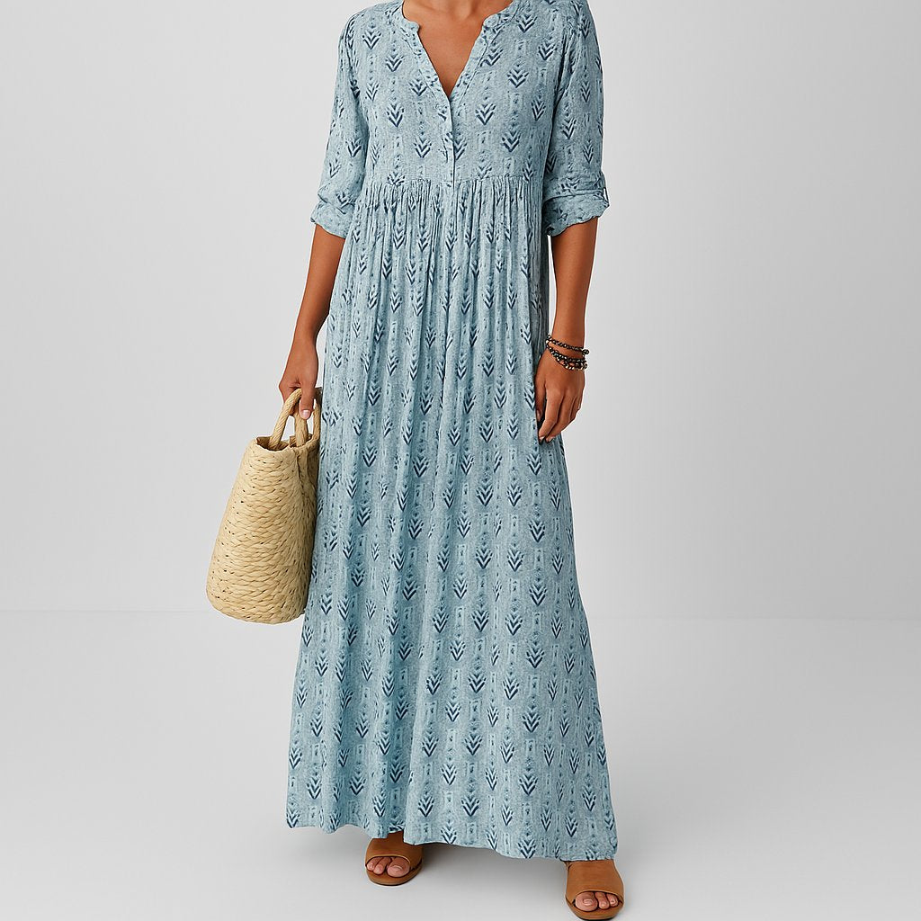 Harper | Women's V-Neck Long-Sleeve Printed Maxi Dress with Roll-Up Sleeves