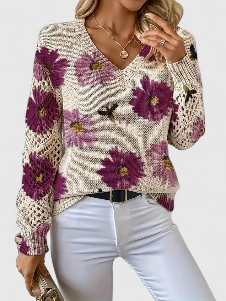 Liza | Women's Floral Knit V-Neck Cardigan with Lattice Sleeves