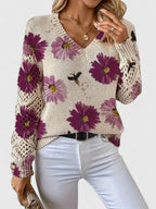 Liza | Women's Floral Knit V-Neck Cardigan with Lattice Sleeves