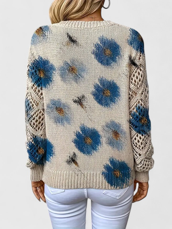 Liza | Women's Floral Knit V-Neck Cardigan with Lattice Sleeves