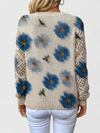 Liza | Women's Floral Knit V-Neck Cardigan with Lattice Sleeves