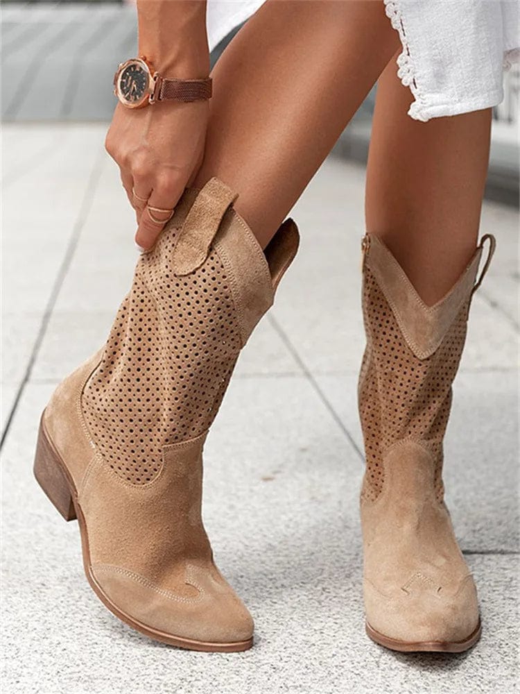 Taren | Women's Side-Zip Western Boots with Block Heel and Perforated Panels