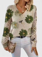 Liza | Women's Floral Knit V-Neck Cardigan with Lattice Sleeves