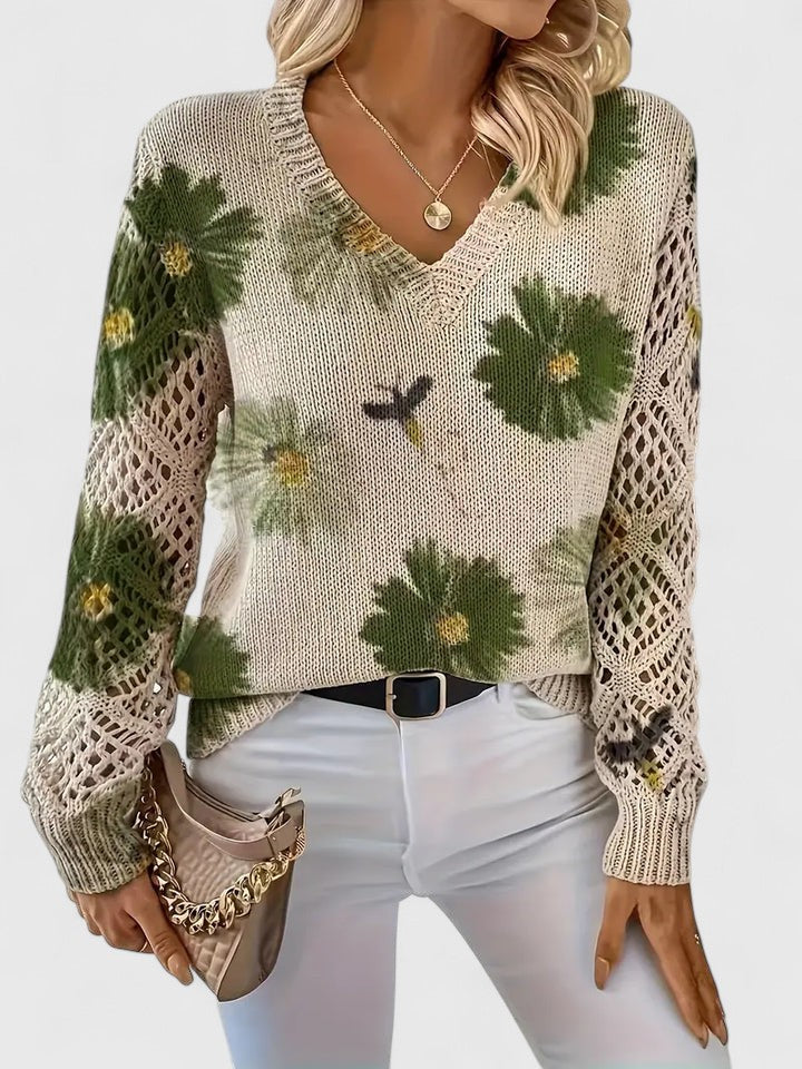 Liza | Women's Floral Knit V-Neck Cardigan with Lattice Sleeves