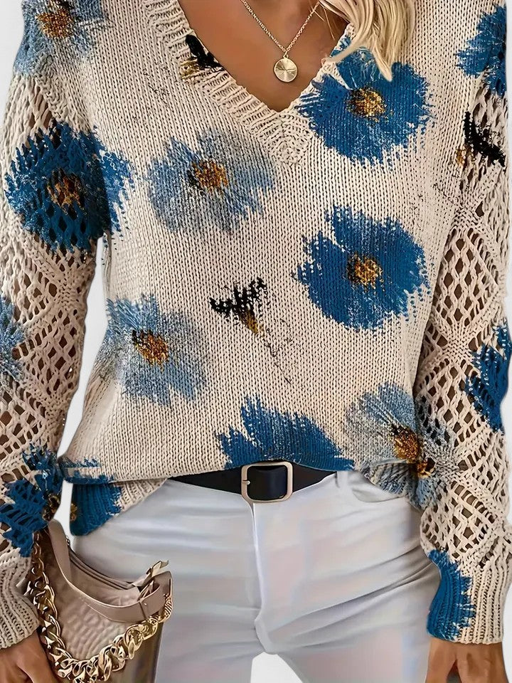 Liza | Women's Floral Knit V-Neck Cardigan with Lattice Sleeves