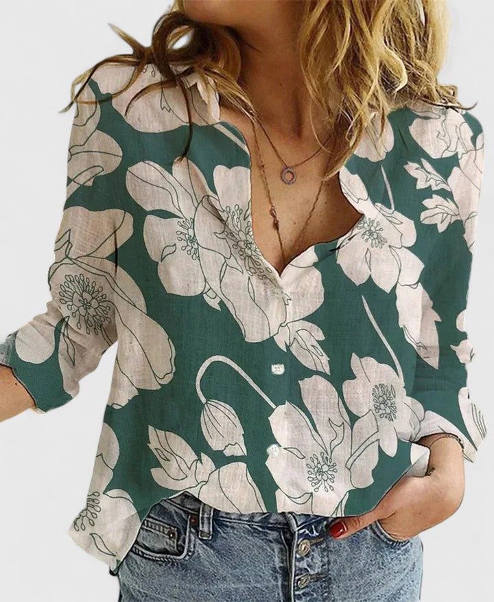 Elena | Women's Relaxed Cotton-Linen Button-Down Blouse with Lapel Collar