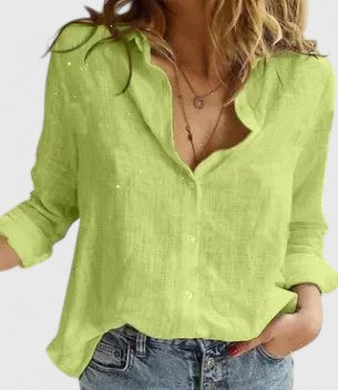 Elena | Women's Relaxed Cotton-Linen Button-Down Blouse with Lapel Collar