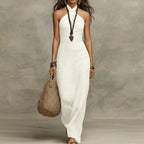Evelyn | Women's Sleeveless Linen Maxi Dress with Criss Cross Halter Neckline