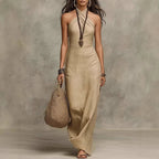 Evelyn | Women's Sleeveless Linen Maxi Dress with Criss Cross Halter Neckline