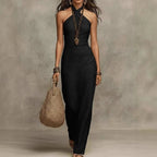 Evelyn | Women's Sleeveless Linen Maxi Dress with Criss Cross Halter Neckline