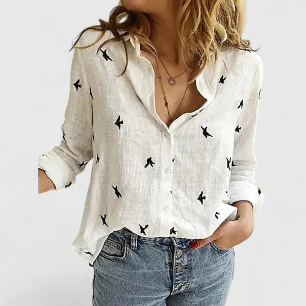 Elena | Women's Relaxed Cotton-Linen Button-Down Blouse with Lapel Collar