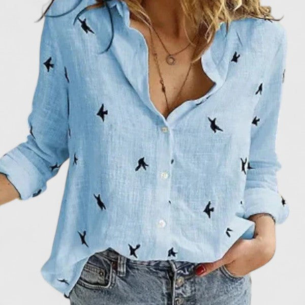 Elena | Women's Relaxed Cotton-Linen Button-Down Blouse with Lapel Collar