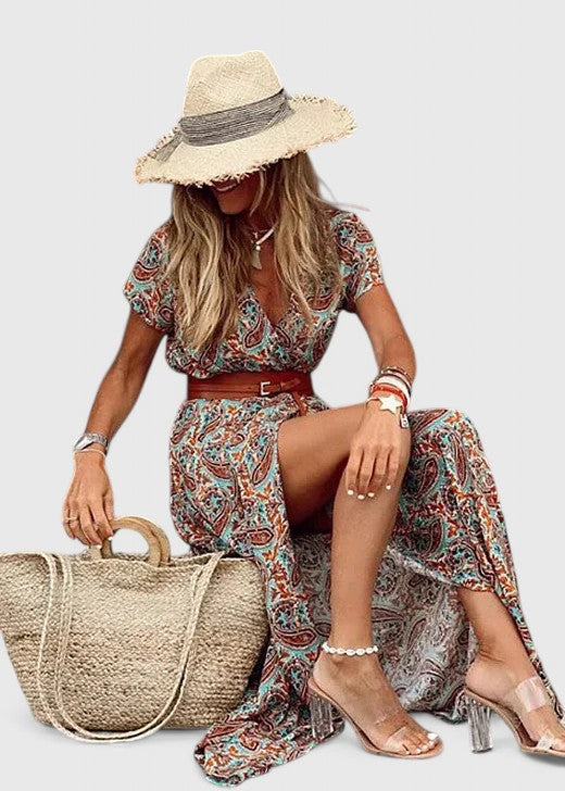 Alleta | Women's Gathered-Waist Maxi Dress with Boho Print