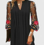Donna | Women's V-Neck Mini Dress with Sheer Long Sleeves