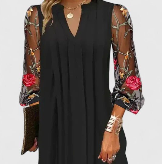 Donna | Women's V-Neck Mini Dress with Sheer Long Sleeves