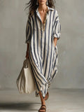 Olivia | Women's Loose-Fit V-Neck Linen Maxi Shirt Dress, Striped Long Sleeve