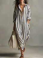 Olivia | Women's Loose-Fit V-Neck Linen Maxi Shirt Dress, Striped Long Sleeve