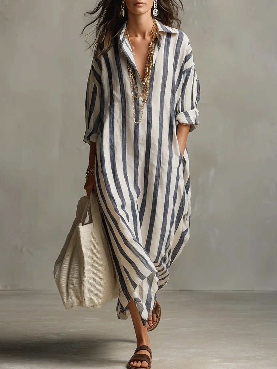Olivia | Women's Loose-Fit V-Neck Linen Maxi Shirt Dress, Striped Long Sleeve